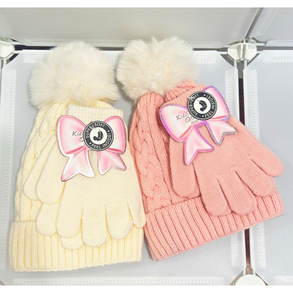 2 PK Girls Winter Cable Knit Beanie Hat Gloves Set Plush Fleece Lined Cream Pink